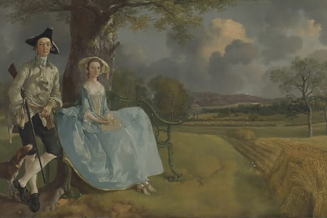 A couple in 18th-century attire sit under a tree with a dog, overlooking a countryside landscape with rolling hills and wheat fields.