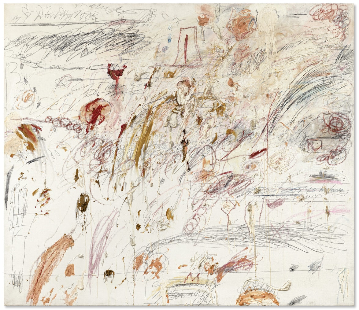 Abstract artwork with various scribbles, lines, and splashes of color on a predominantly white background.