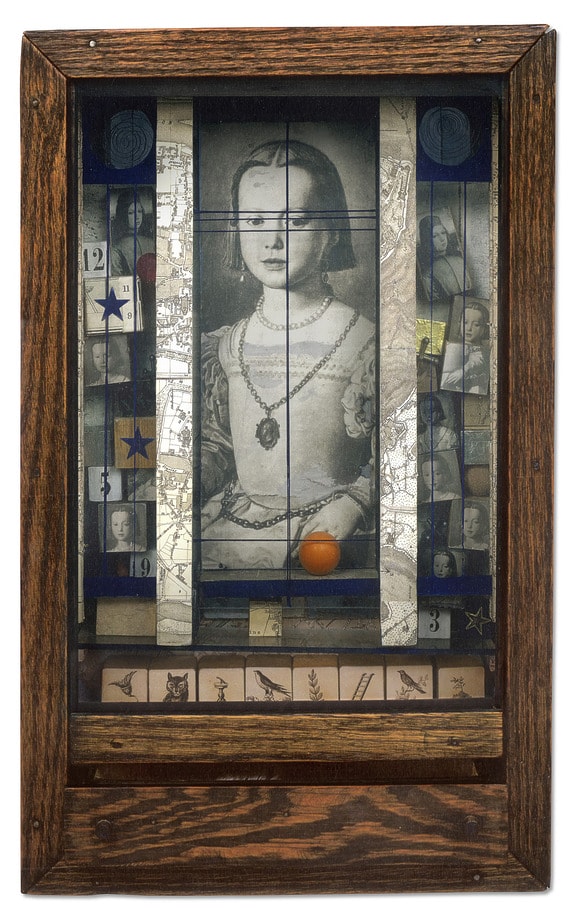 A wooden framed collage with a historical portrait, numbers, and abstract elements arranged artistically.