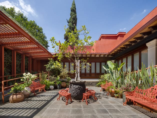 Courtyard with red benches, potted plants, and a prominent tree, surrounded by vibrant red walls under a clear blue sky.