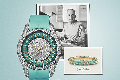 Luxury Tiffany & Co. watch with diamond and turquoise design, old photograph and vintage jewelry piece in the background.