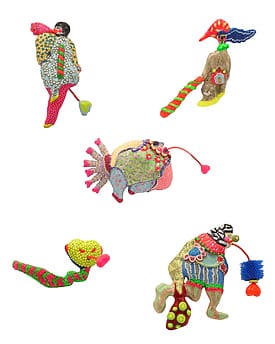 Colorful abstract textile sculptures with beadwork and unique shapes against a white background.