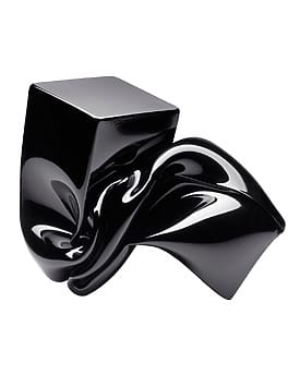 Abstract black sculpture with smooth, twisted design and glossy finish on a white background.