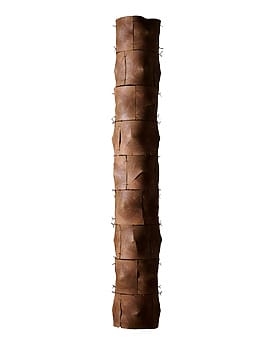 Tall vertical sculpture made of wooden segments with a smooth, natural finish, stacked to form a column-like structure.