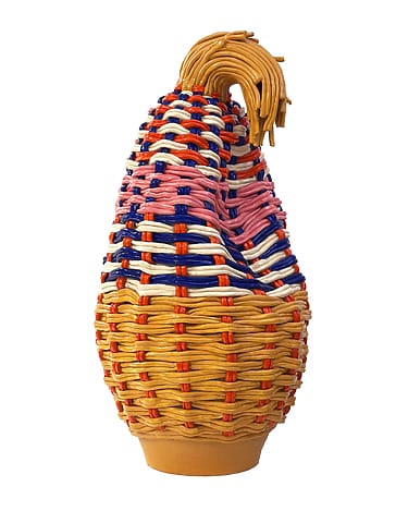 Colorful abstract woven sculpture with layers of yellow, blue, pink, and orange material, resembling a twisted vase.