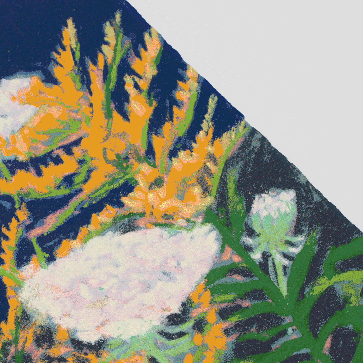 Abstract artwork featuring bright yellow flowers and green leaves against a dark and light contrasting background.