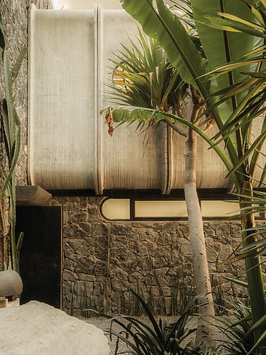 Modern architectural building with concrete curves and large tropical plants in a courtyard, surrounded by stone walls.