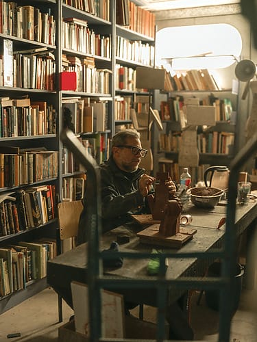 Man sculpting in a cozy, book-filled art studio with shelves stacked with books in the background.