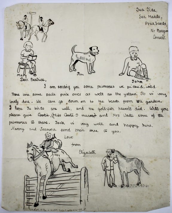 Illustrated letter with drawings of a horse, people, and text mentioning primroses and seaside, addressed to John and others.
