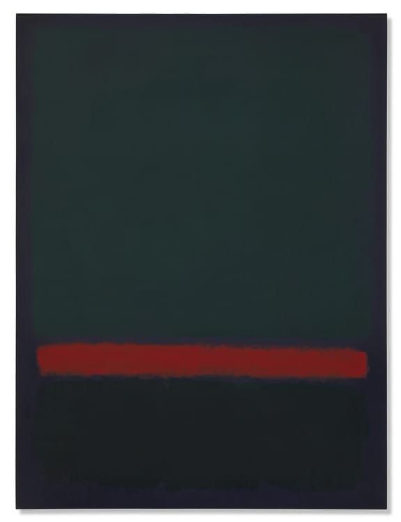 Abstract painting with a dark green upper section and a bold red horizontal stripe across the middle.