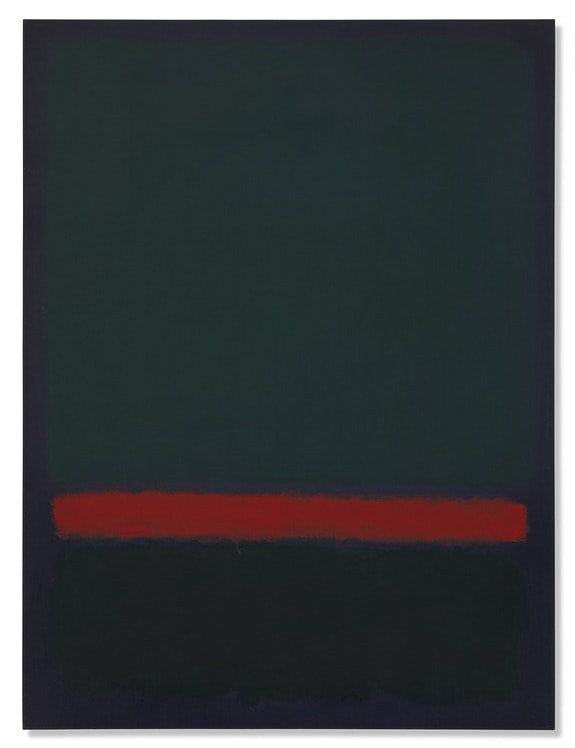 Abstract painting with a dark green upper section and a bold red horizontal stripe across the middle.