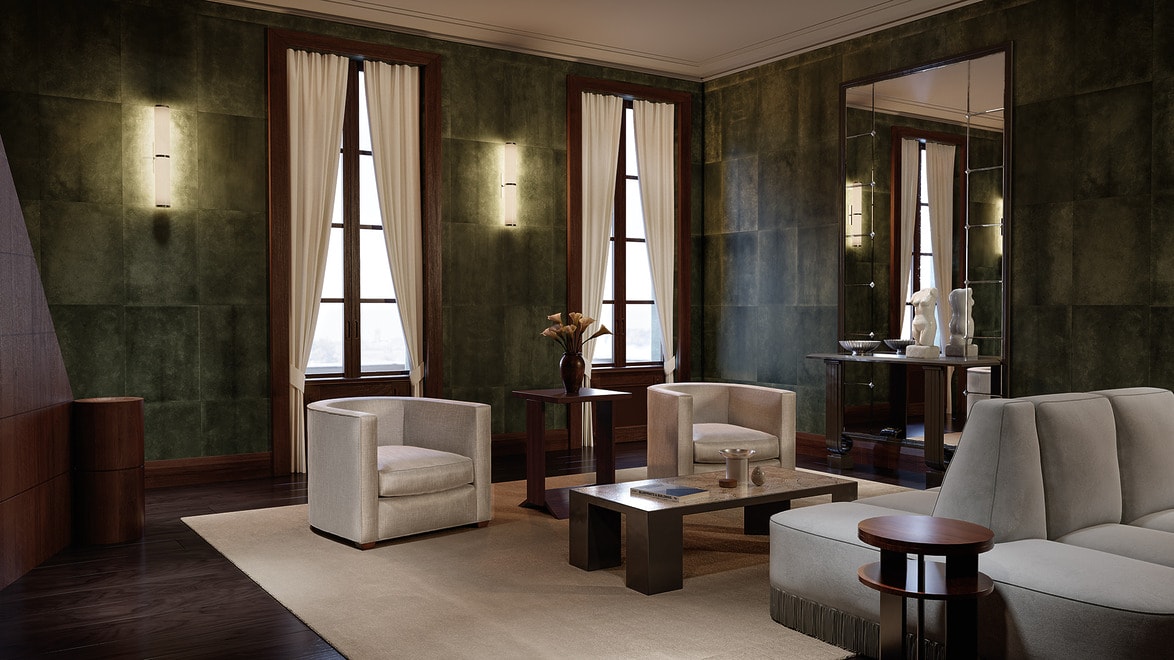 Luxurious modern living room with elegant furniture, soft lighting, large windows, and dark green textured walls.
