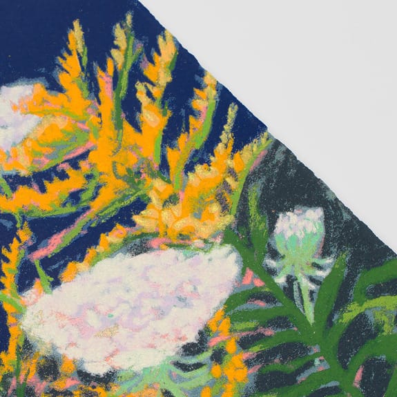 Abstract floral painting with vibrant yellow, white, and dark green brushstrokes against a contrasting dark blue background.