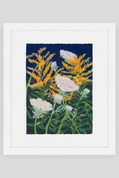 Framed artwork of vibrant wildflowers with orange and white blooms against a dark blue background.