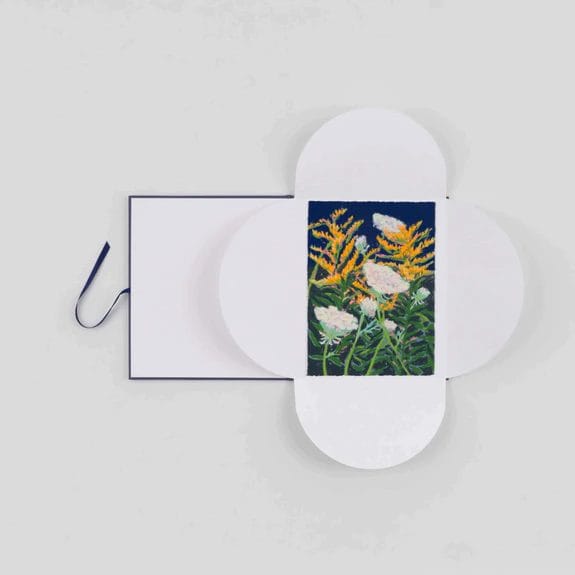Open white card with floral artwork and blue ribbon on a light background.