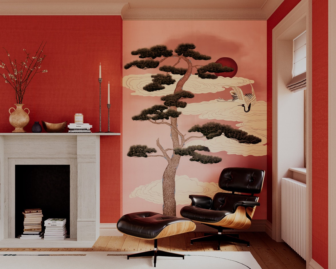 Modern living room with red walls, Eames lounge chair, fireplace, and a decorative mural featuring a tree and crane.