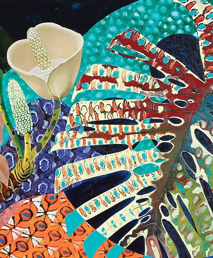 Abstract painting featuring colorful, patterned leaves and tropical flowers in a vibrant, vivid composition.