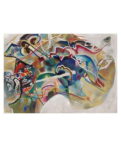 Abstract painting with swirling colorful shapes and intersecting lines on a textured background.