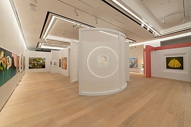 Modern art gallery interior with wooden floors, curved white walls, and various colorful paintings displayed on the walls.