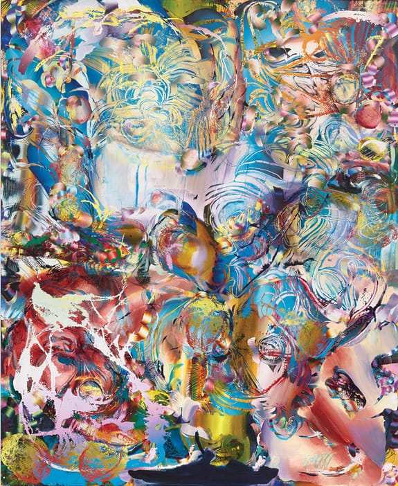 Colorful abstract painting with swirling patterns and various vibrant hues creating a dynamic and textured composition.