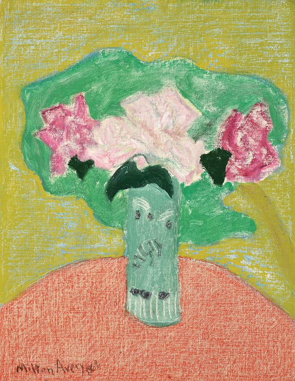 Vibrant painting of pink and white flowers in a green vase against a textured yellow background on a red surface.