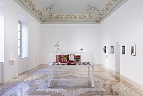 Art gallery room with ornate ceiling, white walls, and a central display case featuring art pieces and books.