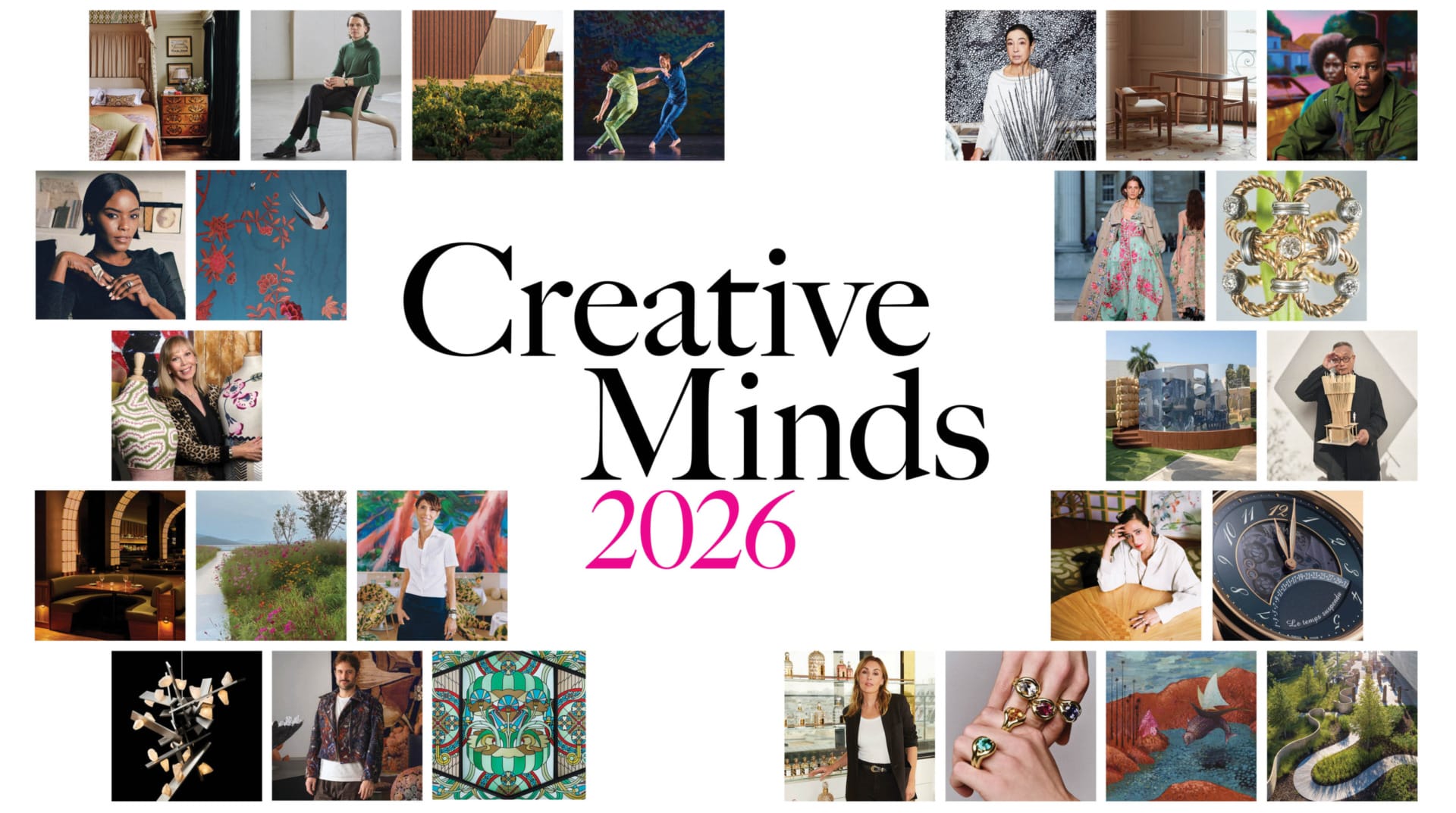 Collage of artistic images surrounding text "Creative Minds 2026" showcasing various individuals and creative works.