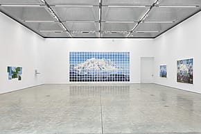 Art gallery with modern paintings on white walls, featuring a large tiled mountain artwork and smaller abstract pieces.