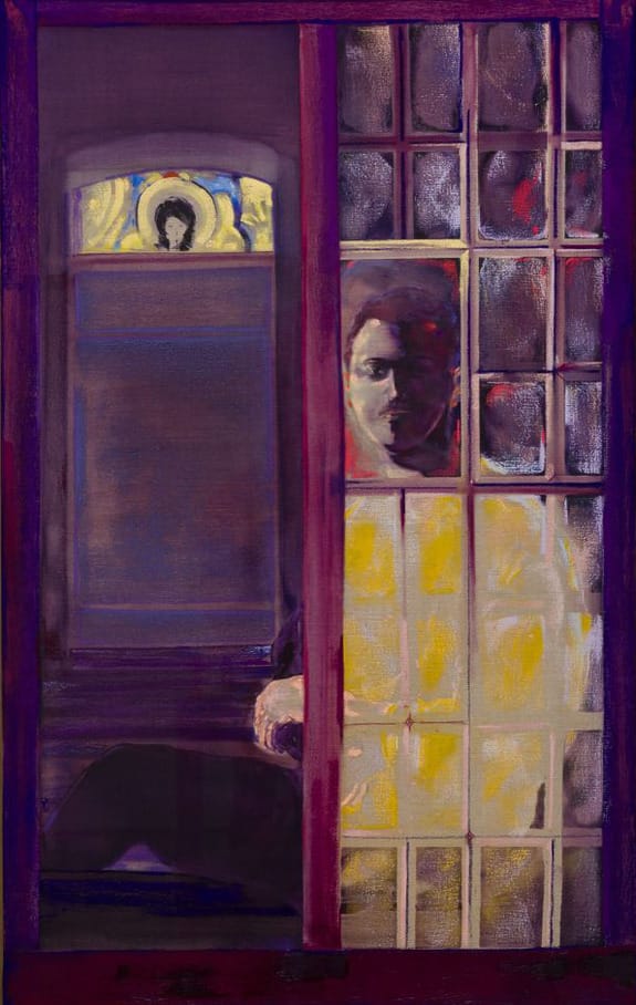 Portrait of a man in yellow seen through a divided window, with purple frame and a decorative background motif.