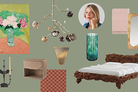 Modern interior design collage featuring furniture, lighting, decor, and artwork on a muted green background.