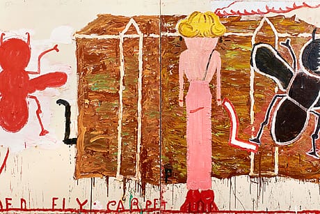 Abstract painting with a central figure in pink, surrounded by a red fly and a black fly, with vibrant and textured brushstrokes.