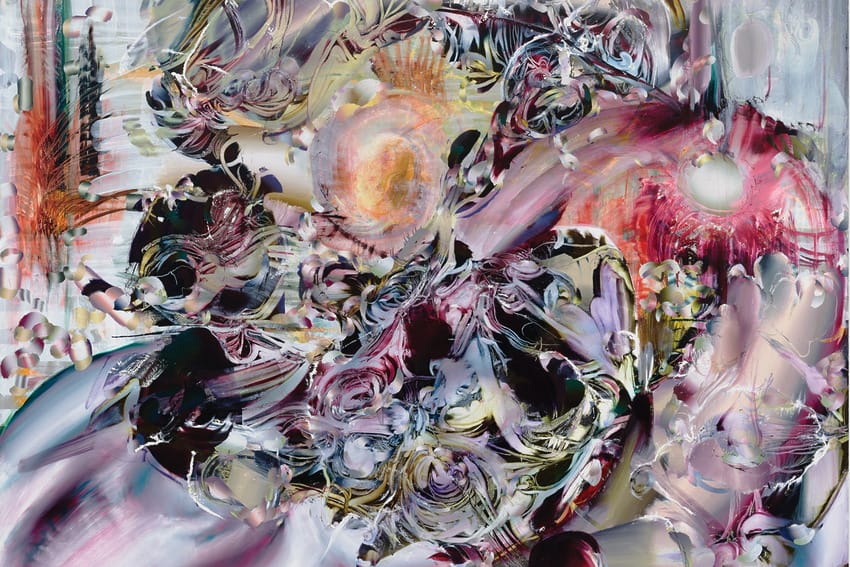 Abstract painting with swirling colors and textures, featuring pinks, purples, and hints of orange and green on a canvas.