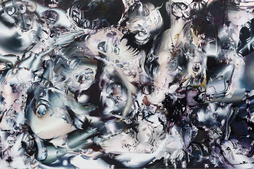 Abstract painting with swirling colors and intricate textures creating a dynamic, energetic visual composition.