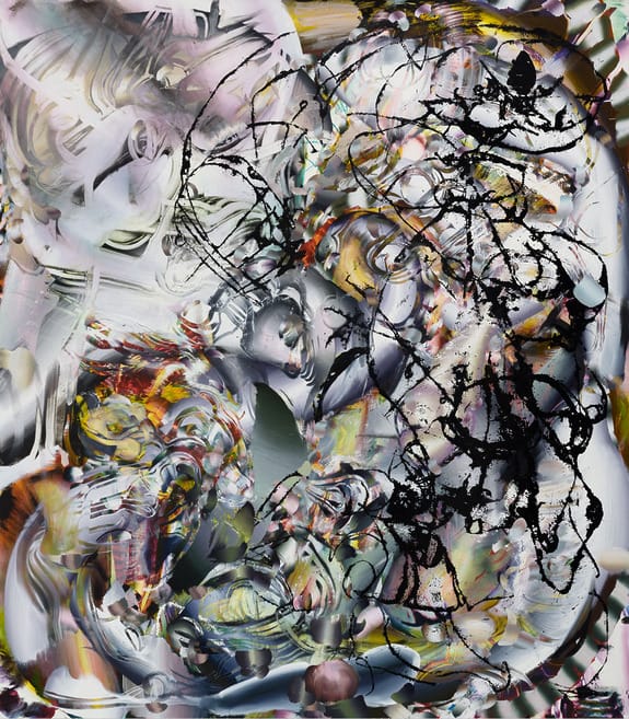 Abstract painting with swirling colors and black splatters, creating a dynamic and chaotic visual effect.