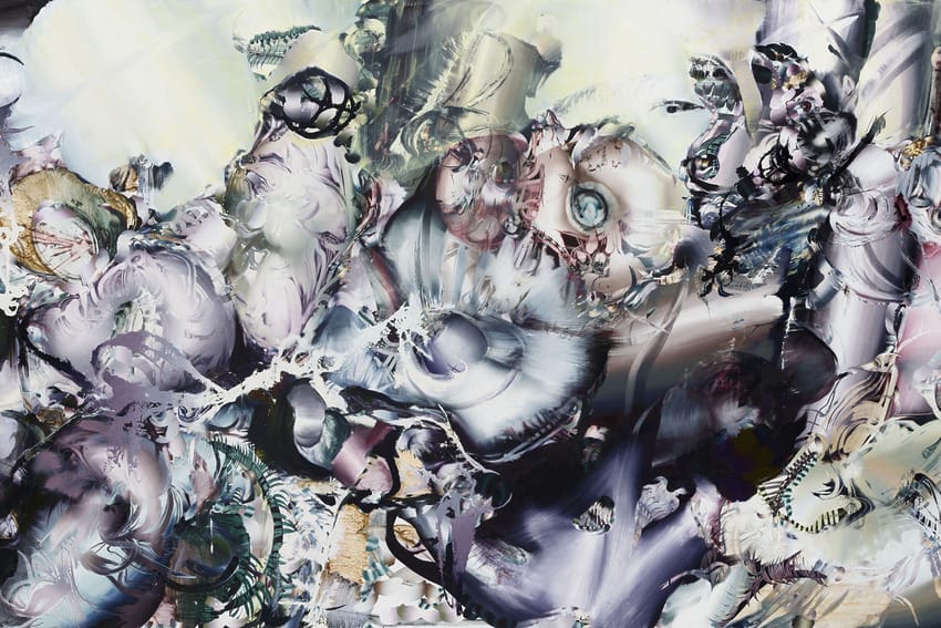 Abstract painting with swirling patterns and soft hues of purple, blue, and white, creating a dynamic and whimsical composition.