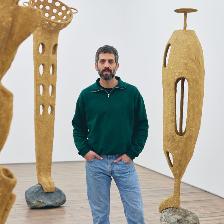 Man standing in an art gallery surrounded by abstract sculptures with earthy tones.