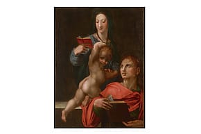 Renaissance painting of a woman with a child reaching for a book held by another person, dark background.