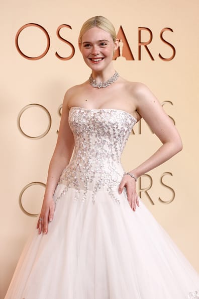 Elle Fanning in Givenchy by Sarah Burton wearing the 1903 Cartier wisteria necklace at the 98th Oscars