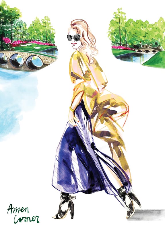 Fashionable woman in sunglasses walking near a picturesque park with bridges and manicured gardens in the background.