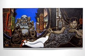 Colorful painting featuring a reclining woman, traditional deity figure, and vibrant Asian cityscape with neon signs.