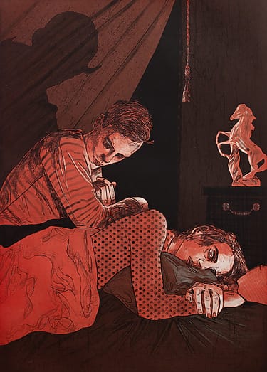 Two people in a dimly lit room, one sitting up and looking at the viewer, the other lying down with a red sheet, shadow on the wall.