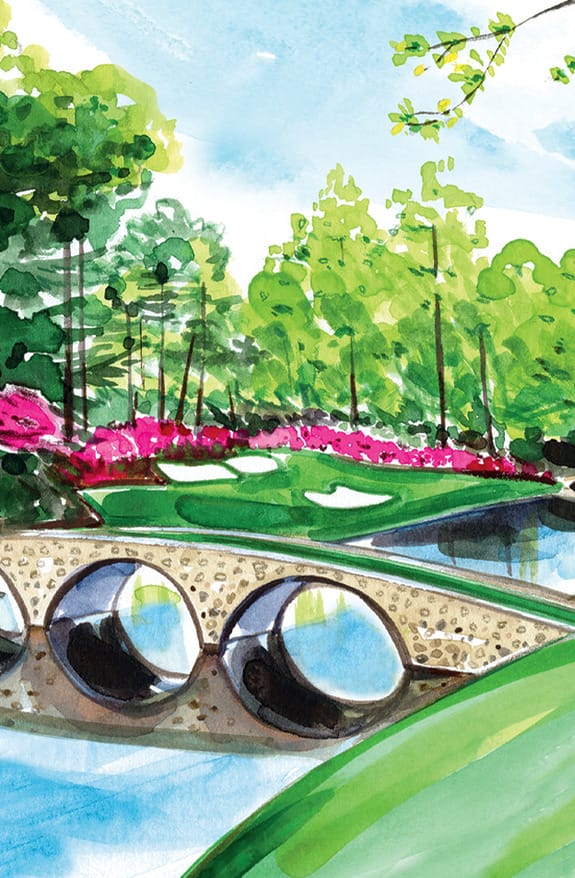 Watercolor painting of a stone bridge over a river with lush greenery and blooming pink flowers under a clear blue sky.