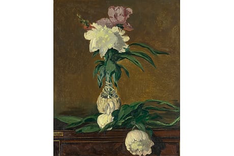 Manet painting of white and pink peonies in a tall vase placed on a wooden table against a brown background.