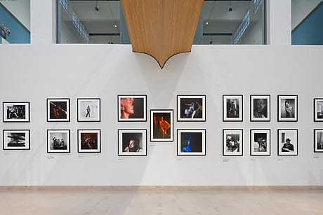 Art gallery wall showcasing a collection of framed black and white photographs with spotlights and high ceiling.