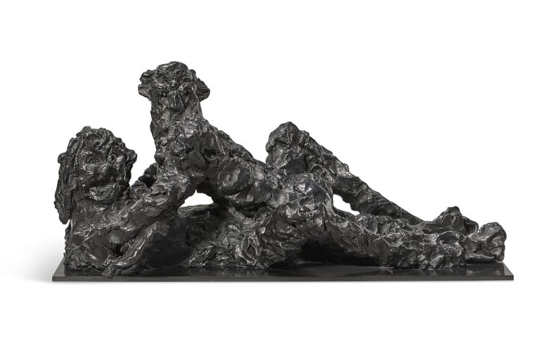 Abstract George Condo sculpture of two textured figures reclining close together from the Christie's Between Madness and Beauty Marquee Week Contemporary Art Sale.
