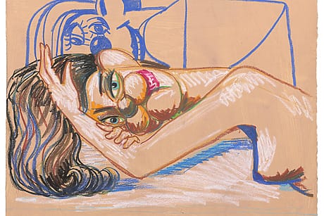Abstract painting of a reclining figure with colorful, expressive lines and a cubist influence, from the Between Beauty and Madness: Selections from the Anna Condo Collection at Christie's.