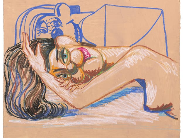 Abstract painting of a reclining figure with colorful, expressive lines and a cubist influence, from the Between Beauty and Madness: Selections from the Anna Condo Collection at Christie's.