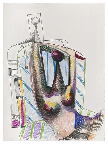Abstract George Condo sketch of a woman with bold colors and geometric shapes, featuring lines and patterns on a white background, from the Between Madness and Beauty: Selections from the Anna Condo Collection sale at Christie's.