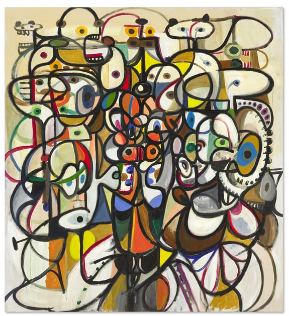 Abstract George Condo painting featuring colorful, overlapping shapes and faces with bold lines and dynamic patterns from the Christie's Between Madness and Beauty Marquee Week Contemporary Art Sale.