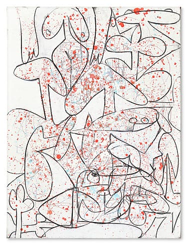 Abstract George Condo painting with black line figures and red splatters on a white background from the Christie's Between Madness and Beauty Marquee Week Contemporary Art Sale.